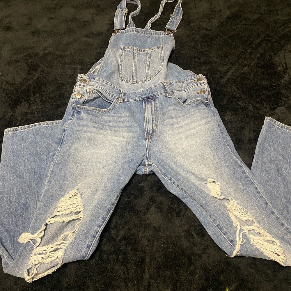 Forever 21 Blue Jean Ripped Overalls